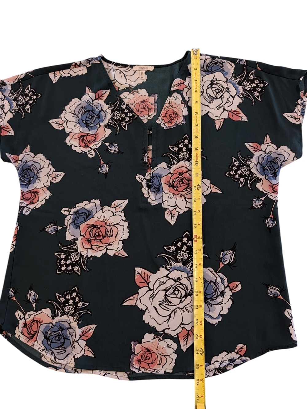Maurices Floral V-Neck Top in Dark Green with Pink, Blue, & Cream Roses - Picture 6 of 6
